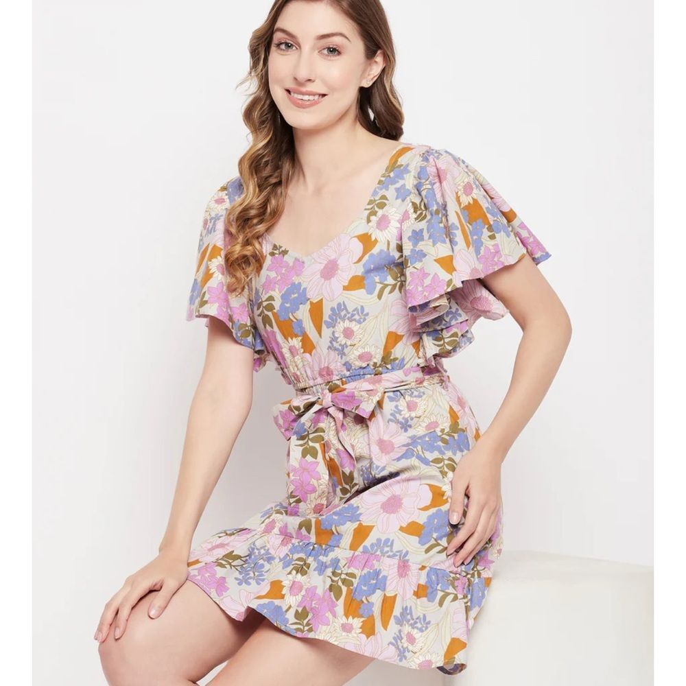 PURPLE FLORAL POPLIN PRINT MINI DRESS - Picture 2 of 3